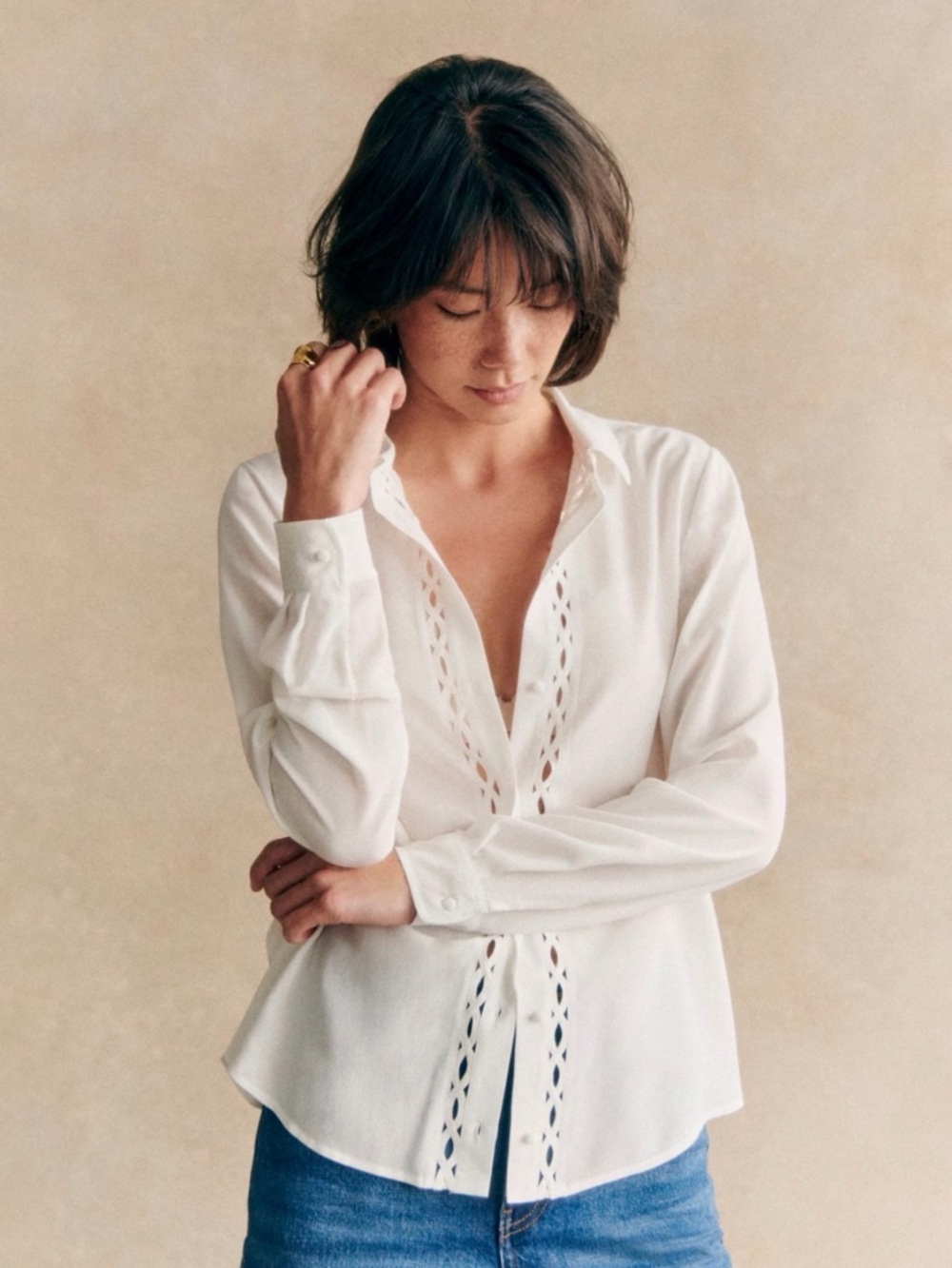 Sezane Annira Silk White Long-Sleeve Eyelet-Trim Blouse
